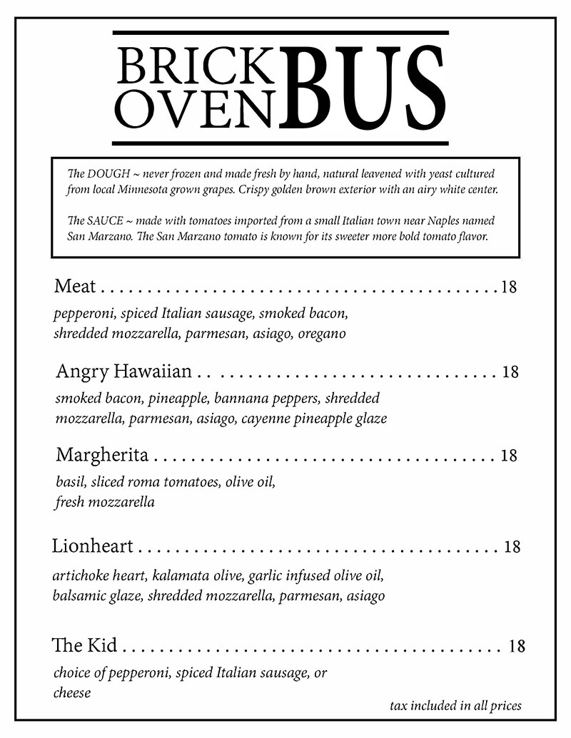 Brick Oven Bus wood-fire sourdough pizza menu
